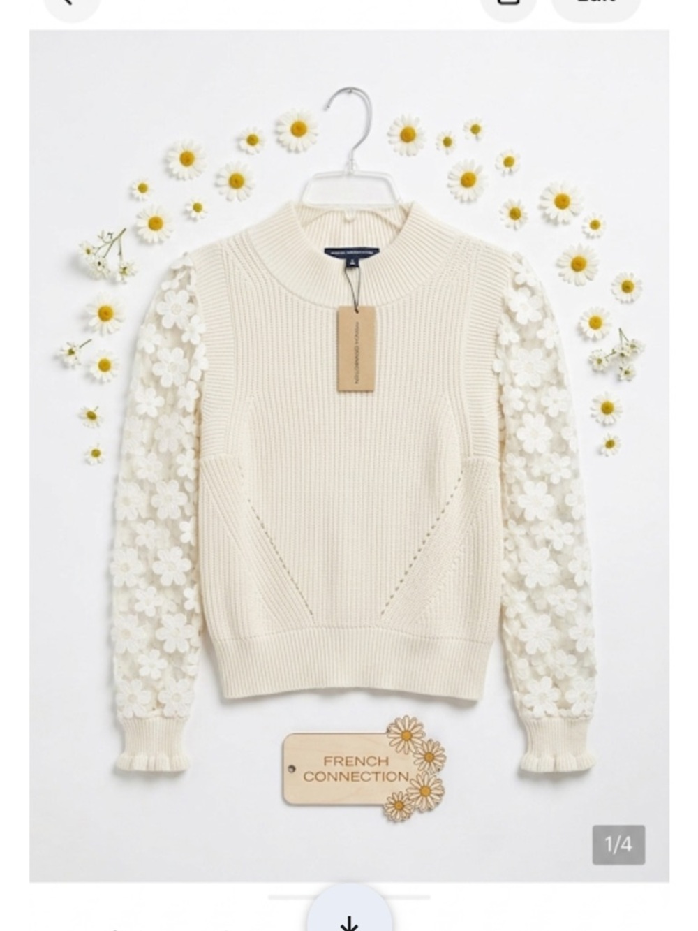 French Connection Cream Knit Sweater with Floral Lace Sleeves